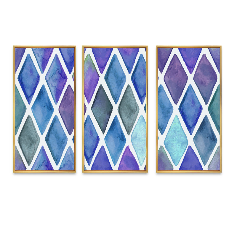 Blue and Purple Diamonds - 3 pièces, reproduction sur toile, H 28 po x l 36 po x P 1 po, Cadre doré