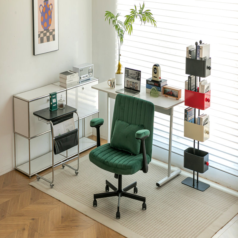 Green Velvet Criss Cross Armrest Office Chair, With Wheels - Modern For Home Office Meditation & Creative Work, Green