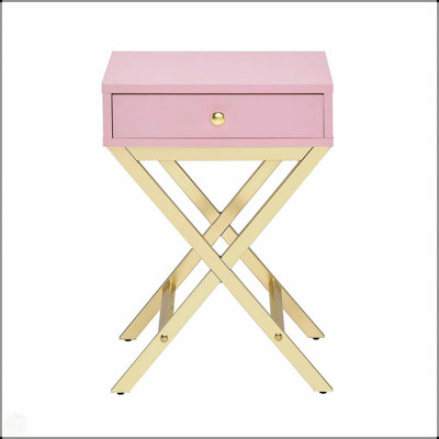 Table d'appoint rectangulaire avec un tiroir, finition rose doux et base en X en métal doré pour les espaces de vie modernes