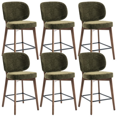 Tabouret de bar Mid-Century moderne, tabouret de bar rembourré en tissu avec dossier à oreilles, tabouret de bar à hauteur de comptoir sans accoudoirs avec pieds en bois, repose-pieds en métal, pour comptoir de bar pour îlot de cuisine