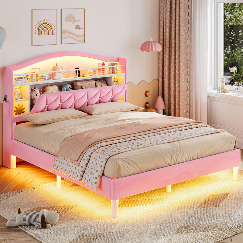 Velvet Upholstered Platform Bed With Led Lights And Charging Station, Princess Bed Frame With Led Lights Headboard,guardrail,crystal Button, No Box Spring Needed