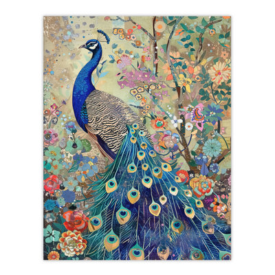 Detailed Peacock Wildflower Forest Painting Wall Art Print