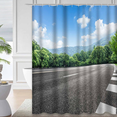 Blue Sky Road Summer Sunny Forest Mountains Shower Curtain with 12 Hooks
