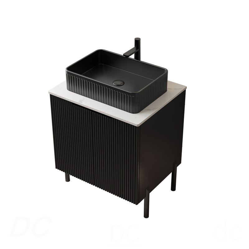 Meuble-lavabo autoportant 24 po avec 2 portes, lavabo en céramique noir et comptoir blanc Carrara 24 po