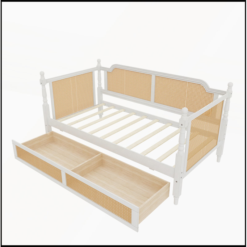 Traditional Style Rattan Twin Size Daybed with 2 Drawers, No Box Spring Needed, Antique White