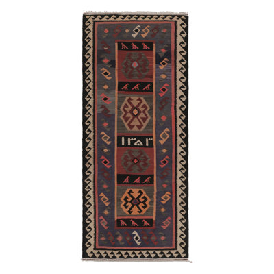 Vintage Zanjan  Kilim Runner Rug, Gray With Tribal Motifs - Rug & Kilim