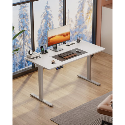 Electric Height-Adjustable Standing Desk with Built-In Power Outlets & USB Ports, Sit-Stand Home Office Desk with Memory Control Panel and Headphone Hook,White