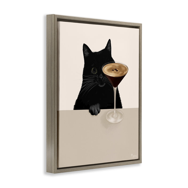 Chat et espresso, art martini encadré par Tara Royle, Cadre flottant orme Montalcino, H 21 po x l 17 po