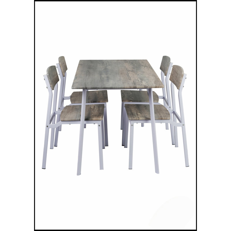 Ensemble de table à manger moderne 5 pièces avec grain de bois réaliste, gris et blanc, robuste et compact pour les petits et moyens espaces
