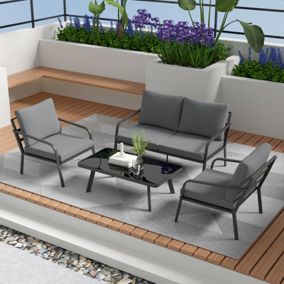 Ensemble de conversation de terrasse en aluminium pour 4 personnes avec coussins