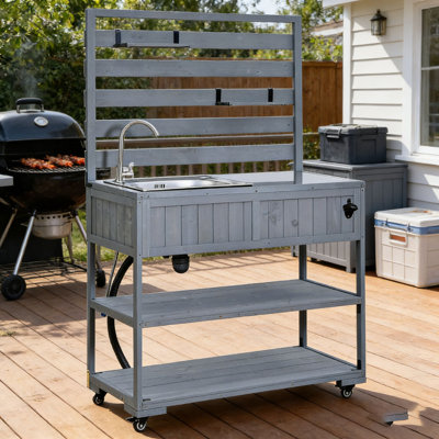 41.7'' Large Patio Rolling Kitchen Island Solid Wood Kitchen Cart with Sink, Garden Potting Bench with Stainless Table Top