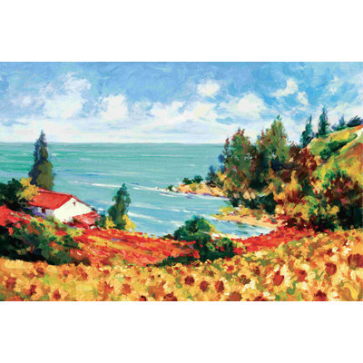 Maison rouge avec fleurs - peinture sur toile tendue