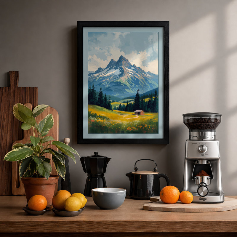 Mountain at Sunrise Rustic - Framed Print, A1 - 84.1 x 59.4 cm, Black