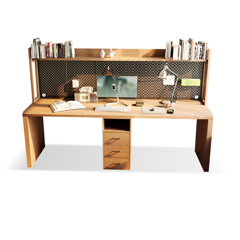 Bureau à 3 tiroirs brun noyer + bois massif rectangulaire noir + fer avec 3 tiroirs, H 57,09 po x l 86,61 po x P 23,62 po