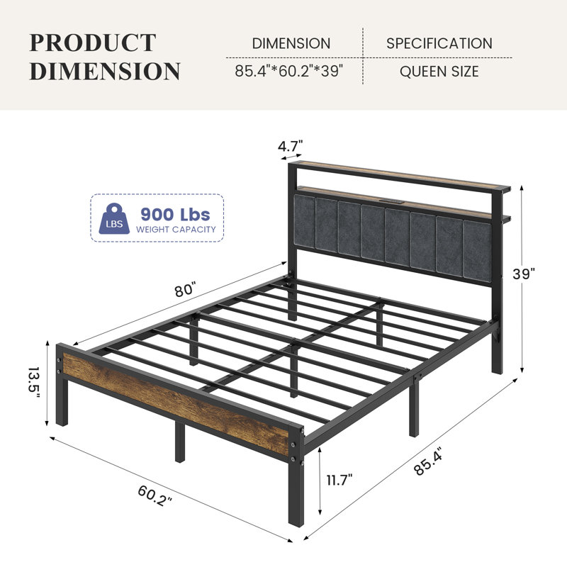 Upholstered Bed Frame With LED Lights, 2 Tier Storage Headboard and Charging Station, Queen, Rustic Brown, No Drawer