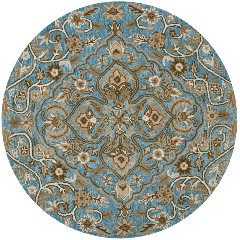 Tapis oriental bleu / brun en laine noué à la main Harger, Rond 5 pi