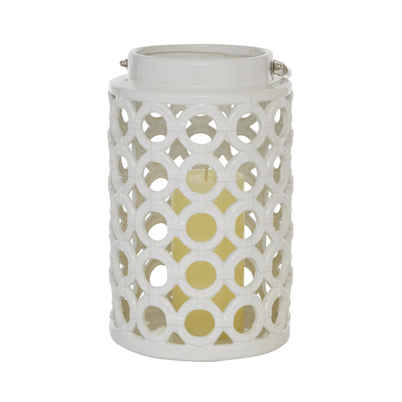 Ceramic Circles Decorative Indoor Outdoor Candle Lantern with Cut Out Design, 11" H x 8" W x 6.9" D