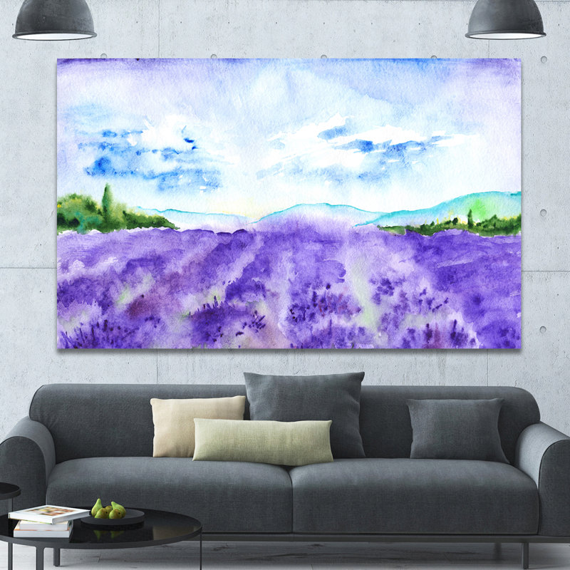 « blue lavande fields aquarelle », reproduction de photo sur toile tendue, H 40 po x l 60 po x P 1,5 po