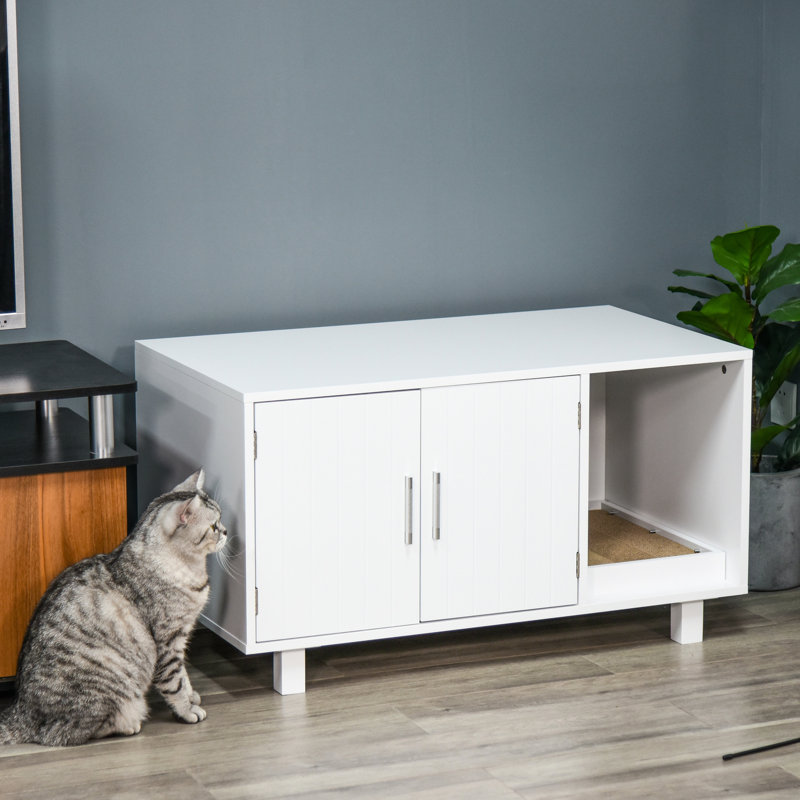 White Wooden Cat Litter Box Enclosure & - , Magnetic Doors, Pet Appeal With Multi