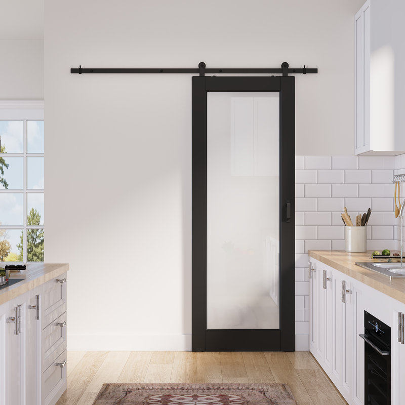 24in.x 80in.1 Lite Black Door Slab Prefinished Surface With All Barn Door Hardware Kit, 32in.x 80in.
