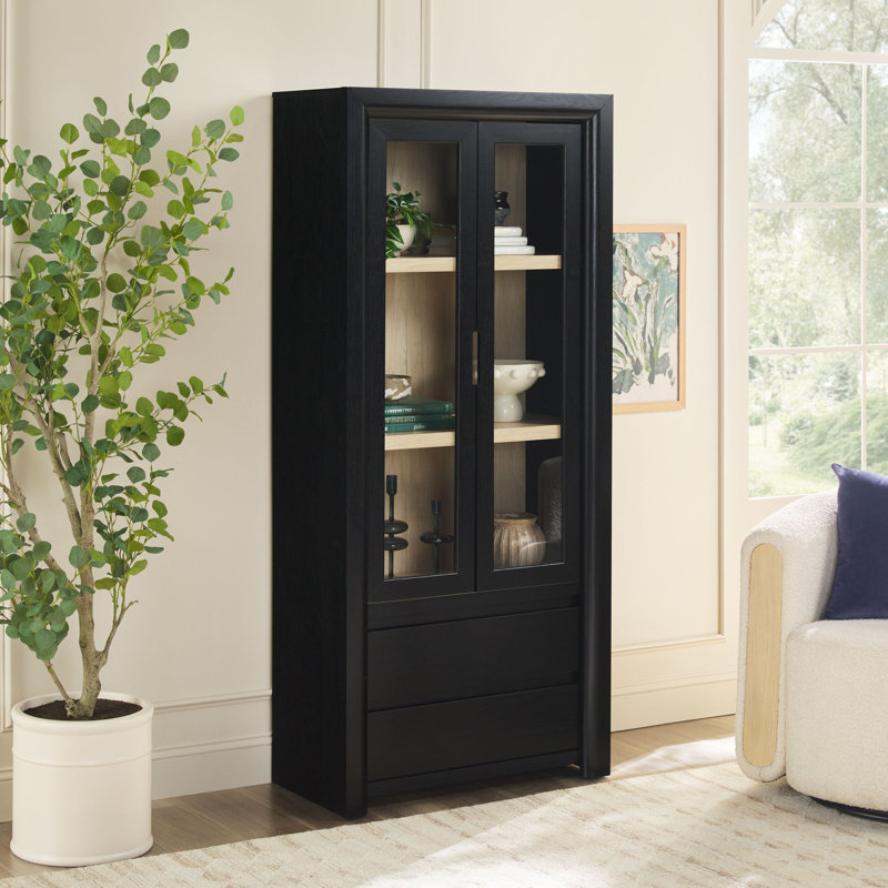 Cottrell 72" H x 32" W 3-Tier Wood Bookshelf with Glass Doors and Drawer Storage, Black