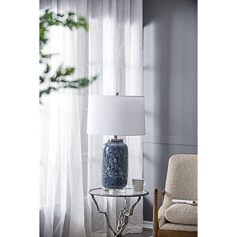 Lampe de table vibrante en verre bleu avec abat-jour en lin