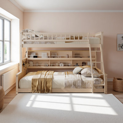 Twin XL Over Queen Bunk Bed With Integrated Shelving