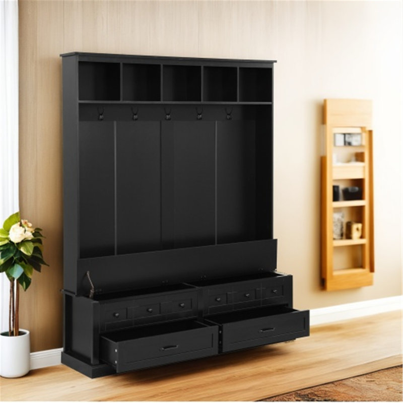 Versatile Retro Wooden Hall Tree with Multiple Functions and Sturdy Construction, Black
