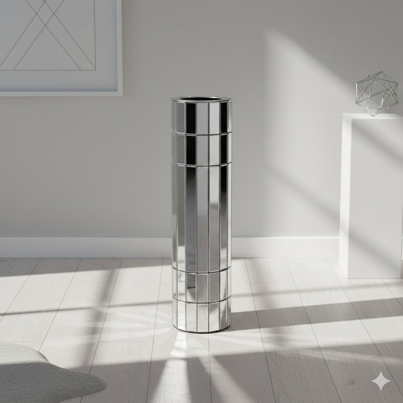 Un vase de plancher à miroir de 29,92 pouces (76 cm) de haut dans un design rond argenté. Ce vase moderne décoratif en verre à miroir est idéal pour la décoration intérieure des salons, des bureaux et comme pièce maîtresse.