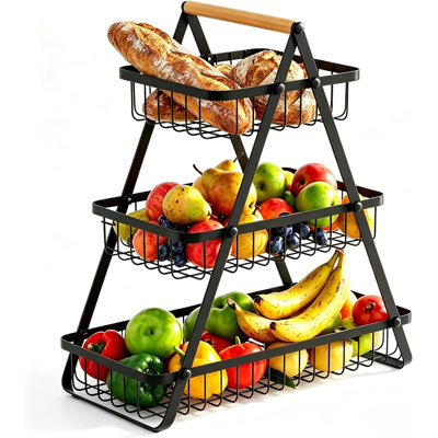 3 Tier Fruit Basket, Heavy Duty Fruit Bowl, Vegetable Bread Basket, Black