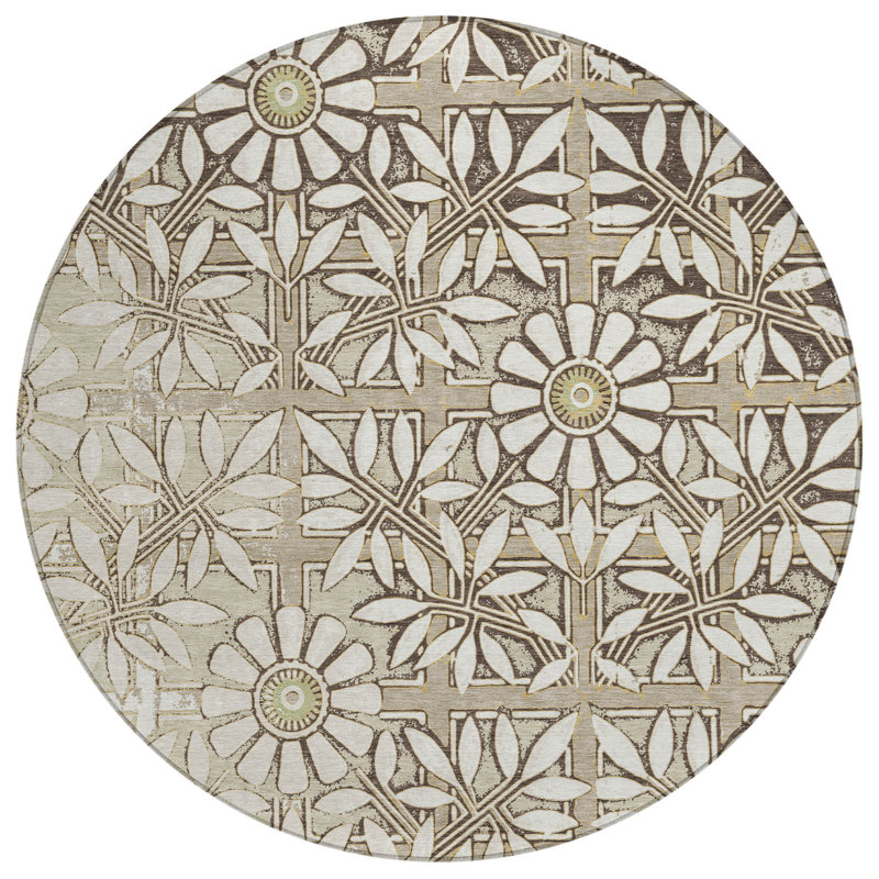 Machine Washable Indoor/Outdoor Chantille ACN2775 Floral Rug, 8' Round, Ivory