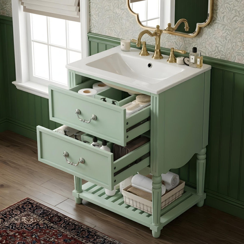 Meuble-lavabo de 24 po avec tablettes ouvertes et deux tiroirs, Vert