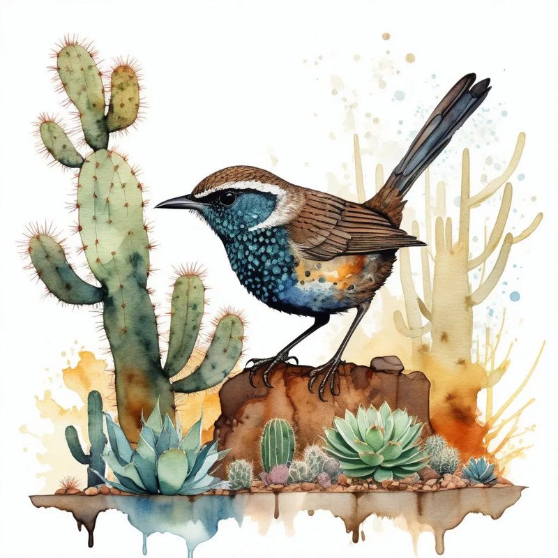 «Desert Songbird and Cactus», art mural sur toile tendue, H 12 po x l 12 po x P 1 po