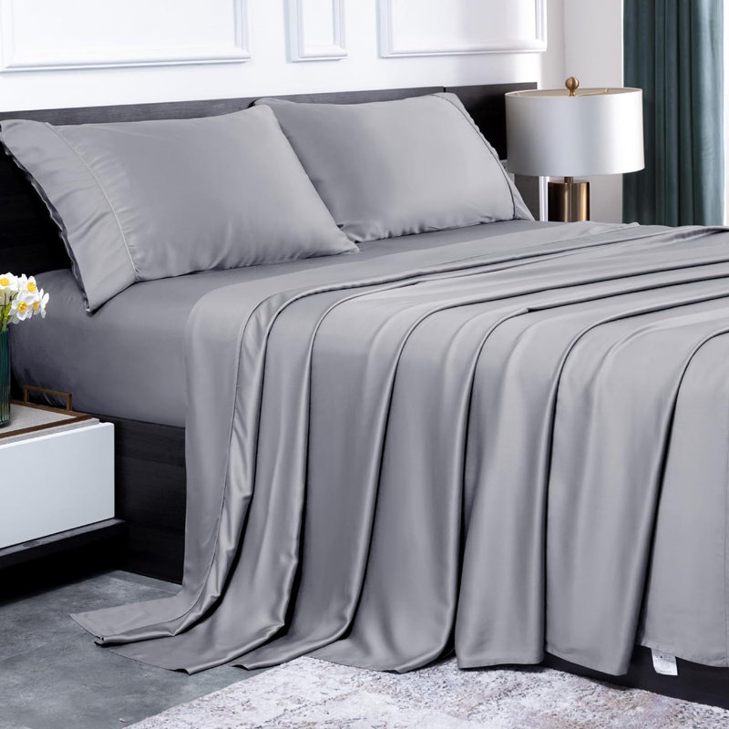 100% Rayon from Bamboo Sheet Set, 16" Deep Pocket Cooling Silky Soft Bed Sheets, Gray, Queen Sheet Set with 2 Pillowcases