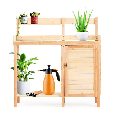 Table de rempotage de jardin extérieure avec évier, établi multifonctionnel pour le jardinage, plateau coulissant, plateau amovible, armoire de rangement, étagère inférieure, crochets, établi en bois massif pour le travail et l'organisation.