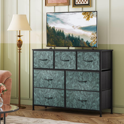 7 Drawer Chest of Drawers TV Stand, Metal Frame Wood Top Media Console Entertainment Cabinet for 45 Inch TV, Bedroom Living Room Storage Dresser