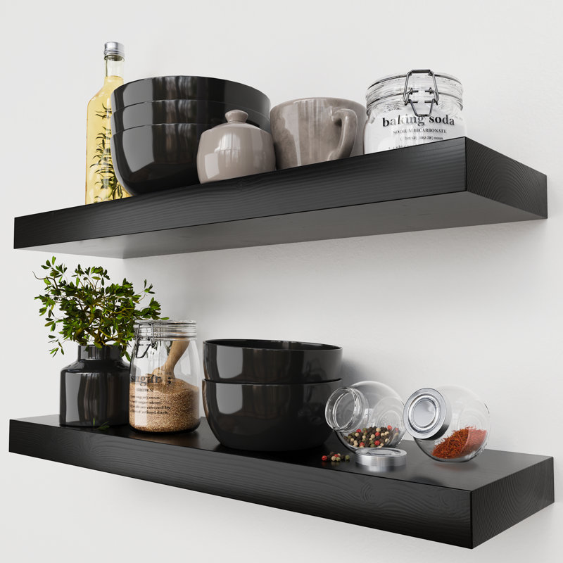 Solid Wood Floating Shelves, Wooden Shelves for Wall Storage, 1.2" H x 24" W x 6.7" D, Noir