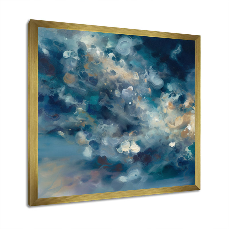 "Rosenda Seascape", peinture abstraite encadrée, H 16 po x l 16 po x P 1 po, Encadrement doré