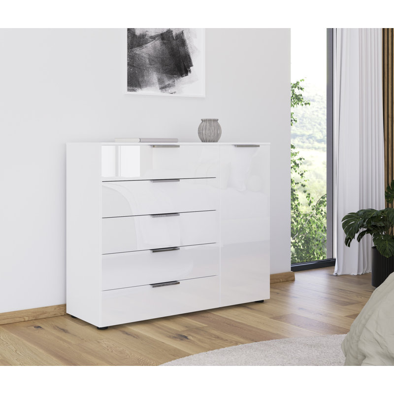 Flipp 5 - Drawer Chest of Drawers, Alpine White/White Glass/Chrome
