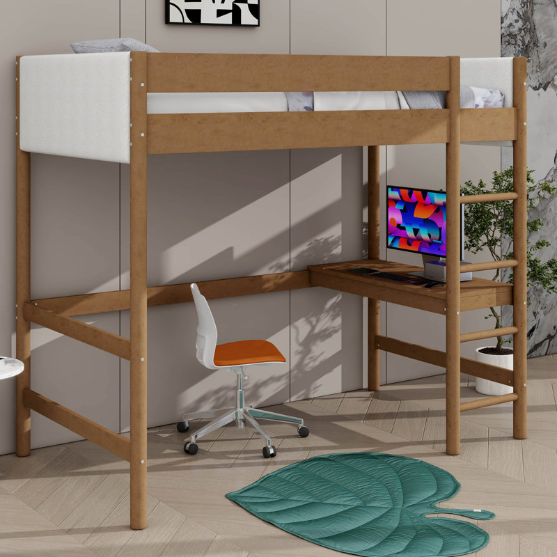 Lit mezzanine simple avec bureau intégré recouvert de tissu molletonné