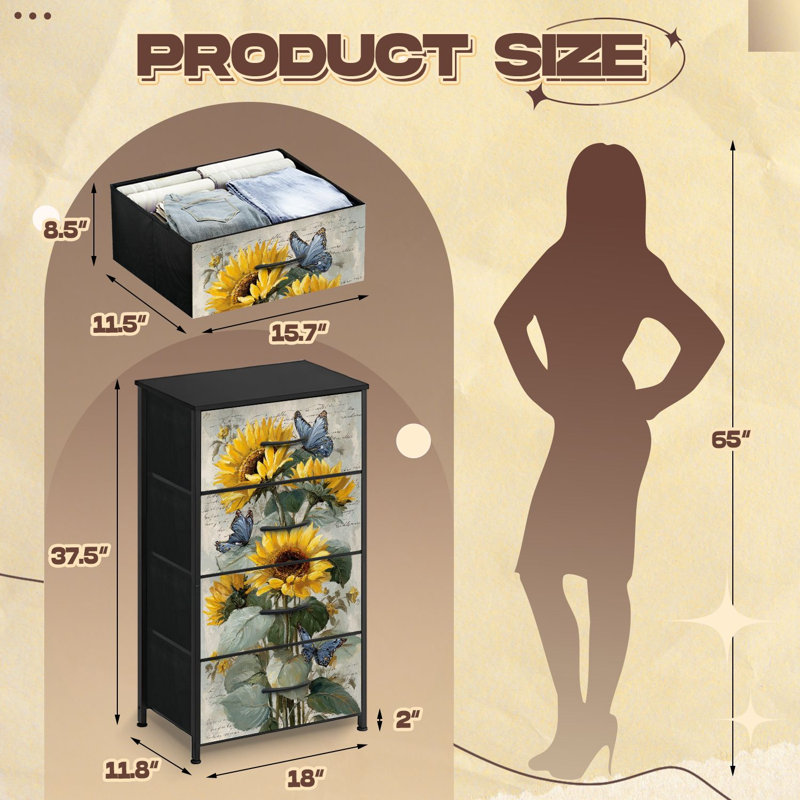Commode rétro pour chambre à coucher avec 4 tiroirs de rangement Scène de tournesol paisible Commode à papillons complexes