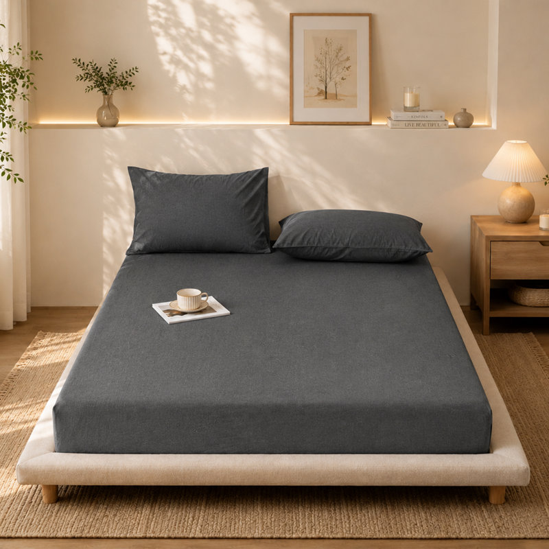 Moomee Fitted Sheet with Pillowcases 3-Piece Set 100% Washed Cotton Linen Like Textured, Dark Gray