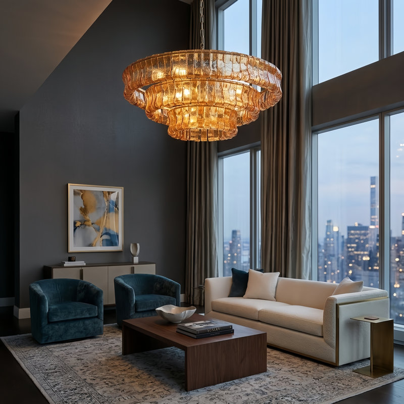 9-Light 32"W Polished Brass Modern Tired Chandelier with Hand-Blown Amber Glass for Dining Room or Living Room, Amber