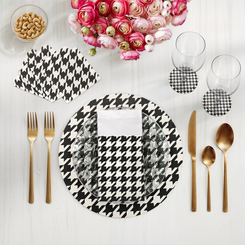 Houndstooth Black White Vegan Leather Round Coasters, Black White