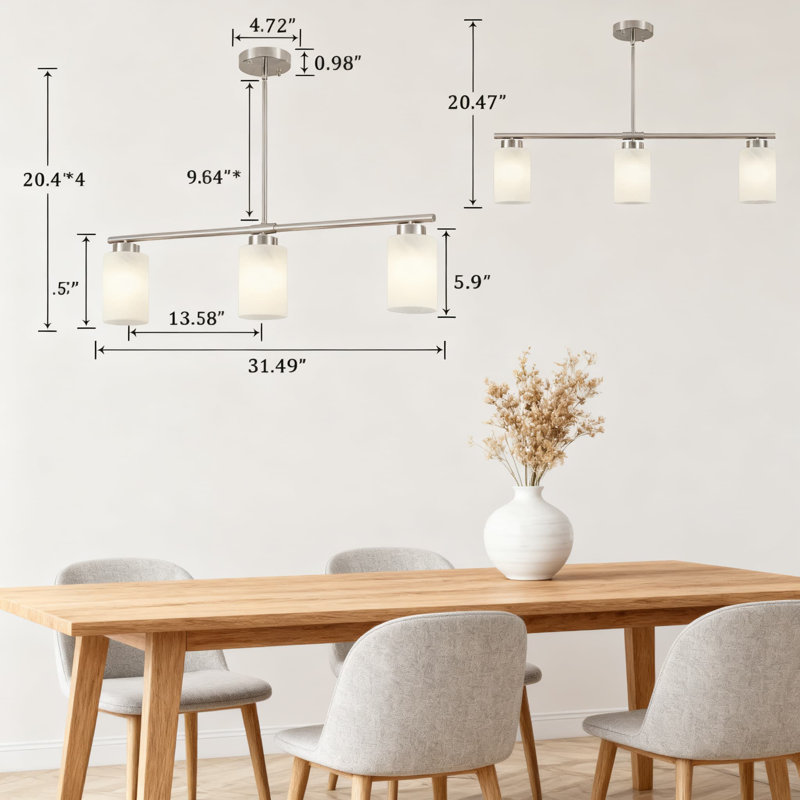 Lustre linéaire à 3 lumières avec abat-jour en verre laiteux, luminaire suspendu réglable pour îlot de cuisine, salle à manger et salon
