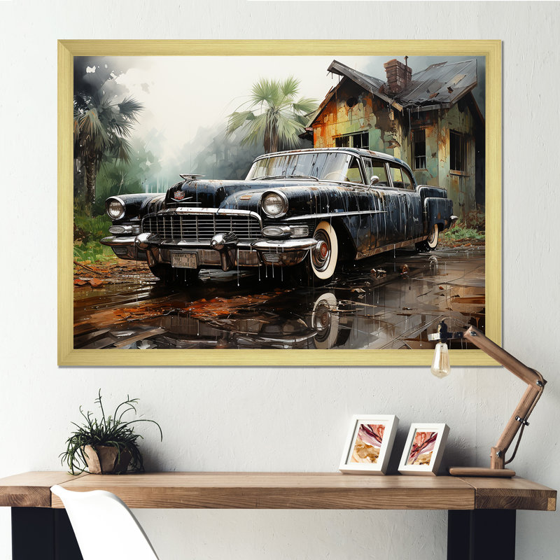 «Noir Vintage Car Elegance», reproduction d'art sur toile rétro, H 24 po x l 32 po x P 1 po, Cadre photo doré simple