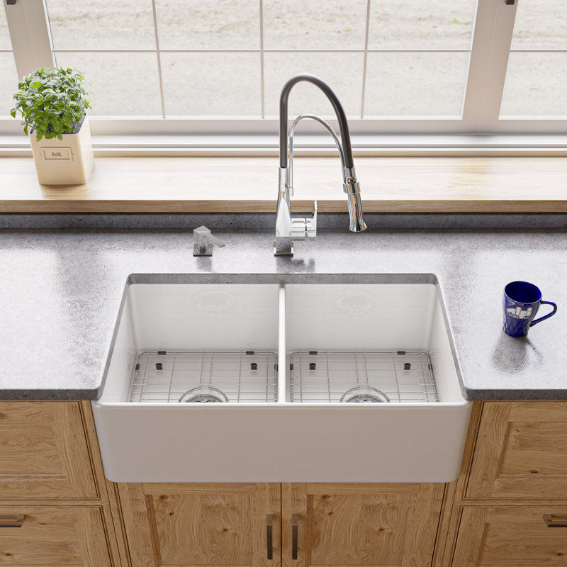Alfi Brand 18'' W Double Bowl Fireclay Farmhouse Kitchen Sink 0, White