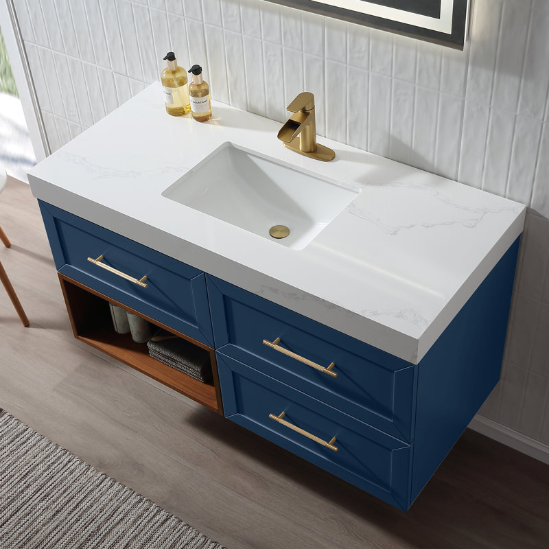48" Wall Mounted Single Bathroom Vanity with Quartz Top, Navy Blue