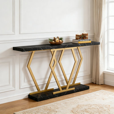 70.9" Modern Console Table, Faux Marble Sofa Table With Gold Geometric Frame