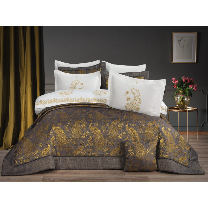 Ensemble de couvre-lit en polyester, Couvre-lit très grand / 5 pièces supplémentaire, Gris / cachemire doré foncé